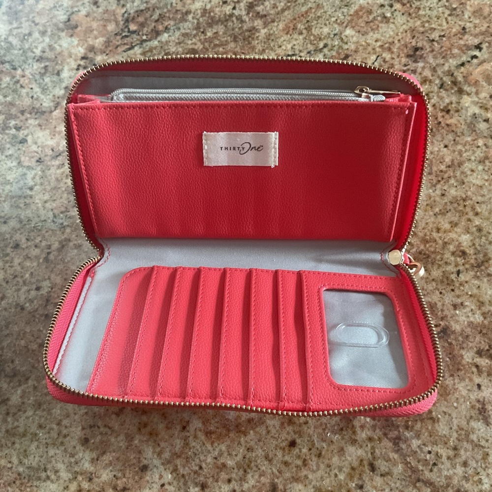 Thirty-One Slim Wallet  & Wristlet Strap Coastal Coral Pink Smooth Pebbled - Picture 3 of 6